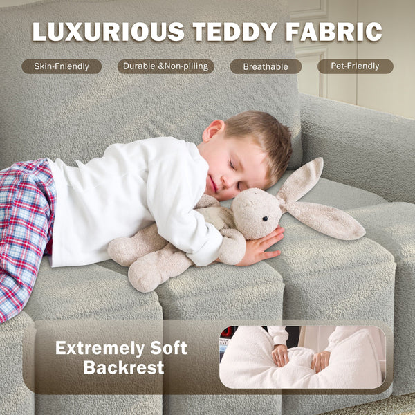 English Elm 90.2" Plush Teddy Fabric Convertible Sleeper Sofa with Hidden Storage for Living Room Light Grey W1885S00312