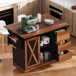 English Elm K&K 55.5" Farmhouse Kitchen Island with Sliding Barn Door, Drop Leaf, Charging Station, Wheels Black N707P288229B