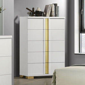 English Elm Contemporary Chic Chest with Gold Accents, Acrylic Trim, Metal Bracket Legs and Dust‑Proof Drawers Gold,White 20 L x 35 W x 50 H B2741P370846