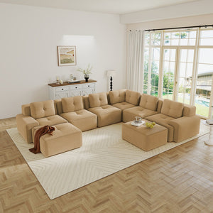 English Elm Modular Corduroy Sectional Sofa 6 Seat V Shaped Corner Couch with Ottomans Living Room Camel W714S01590