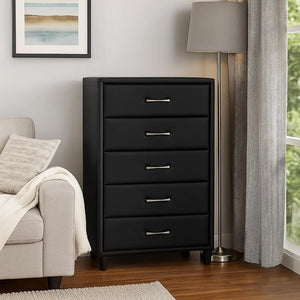 English Elm 5 Drawer Faux Leather Upholstered Chest Tapered Legs Bedroom Storage Modern B056P416786