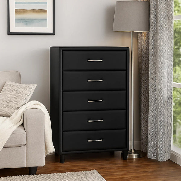 English Elm 5 Drawer Faux Leather Upholstered Chest Tapered Legs Bedroom Storage Modern B056P416786