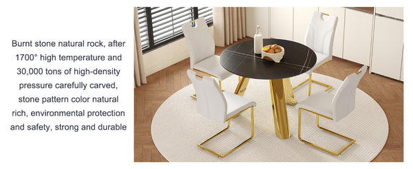 English Elm Table 5-Piece Dining Set: 42-Inch Round Sintered Stone Top With Gold Stainless Steel Legs & Chairs W2920S00041-GIGA