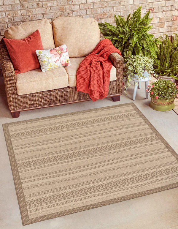 Unique Loom Outdoor Border Lines Machine Made Border Rug Beige, Beige/Brown 6' 1" x 6' 1"
