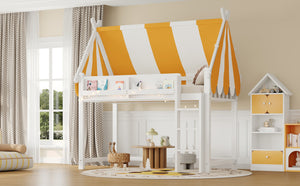 English Elm Twin Solid Wood Loft Bed with Led Lights Canopy Bookshelf for Kids Bedroom White N7090002241K