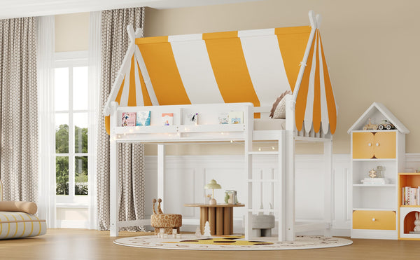 English Elm Twin Solid Wood Loft Bed with Led Lights Canopy Bookshelf for Kids Bedroom White N7090002241K