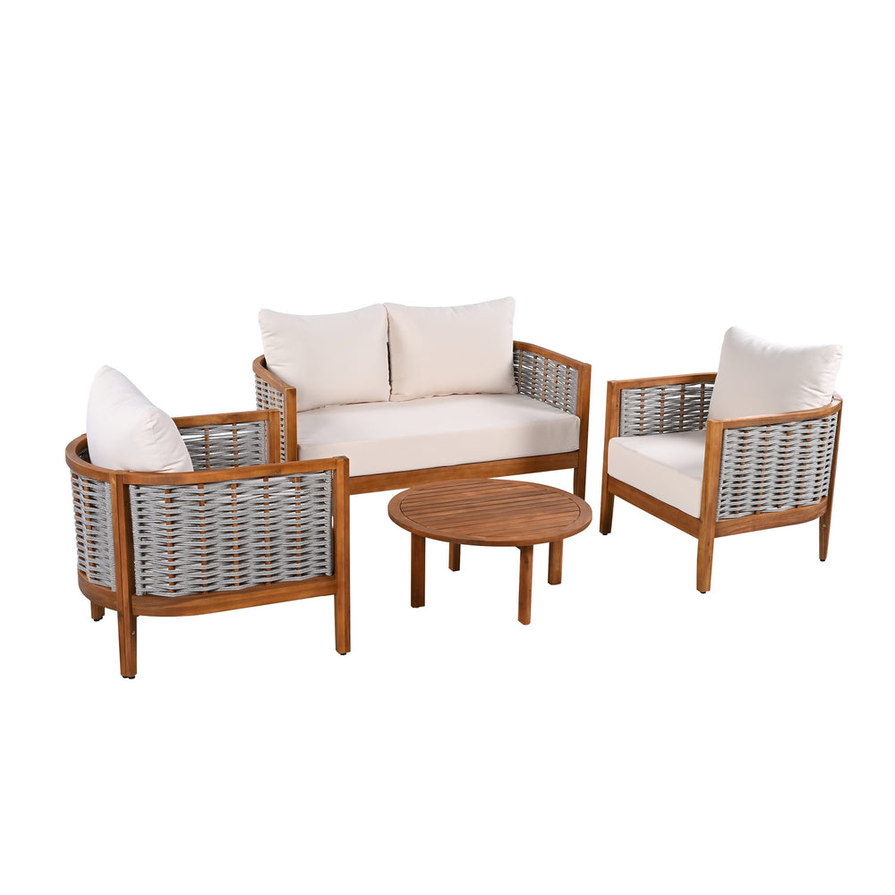 English Elm Outdoor Acacia Tub Sofa Set with Woven Rope Panels Deep Seating Patio Collection N780P24585960G