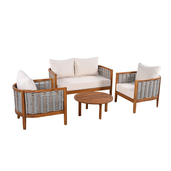 English Elm Outdoor Acacia Tub Sofa Set with Woven Rope Panels Deep Seating Patio Collection N780P24585960G