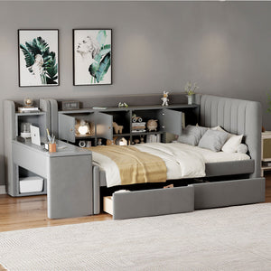 English Elm Twin Upholstered Daybed with Velvet Finish, High Back Shelves, Flip Cabinets, Drawers & Side Table Gray SF000196AAE