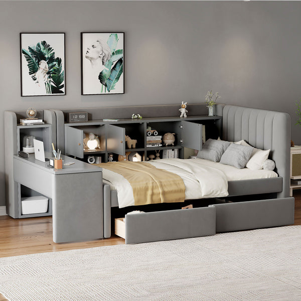 English Elm Twin Upholstered Daybed with Velvet Finish, High Back Shelves, Flip Cabinets, Drawers & Side Table Gray SF000196AAE