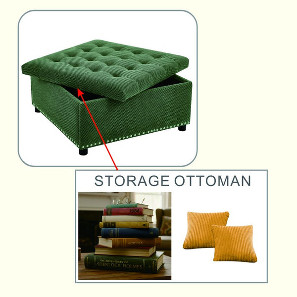 English Elm Storage Ottoman Tufted Nailhead Trim Lift Top Footstool for Living Room or Bedroom Green W5568P447090