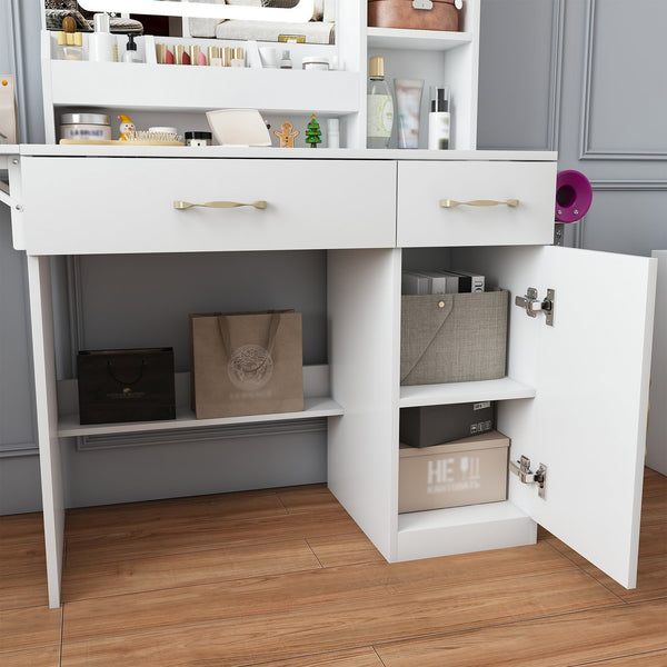 English Elm Vanity Desk with Led Mirror Touch Light Power Outlet Drawers and Storage Stool W2700P342538