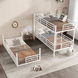 English Elm Twin Triple Metal Bunk Bed Matte Powder Coated Frame with Full Safety Guardrails Light White W1580S00579