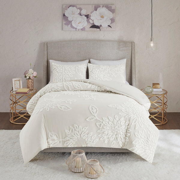 English Elm 3 Piece Tufted Cotton Chenille Floral Comforter Set Full/Queen - Shabby Chic Farmhouse Cozy Elegance Off White 13.78 L x 18.5 W x 13.78 H B035128916