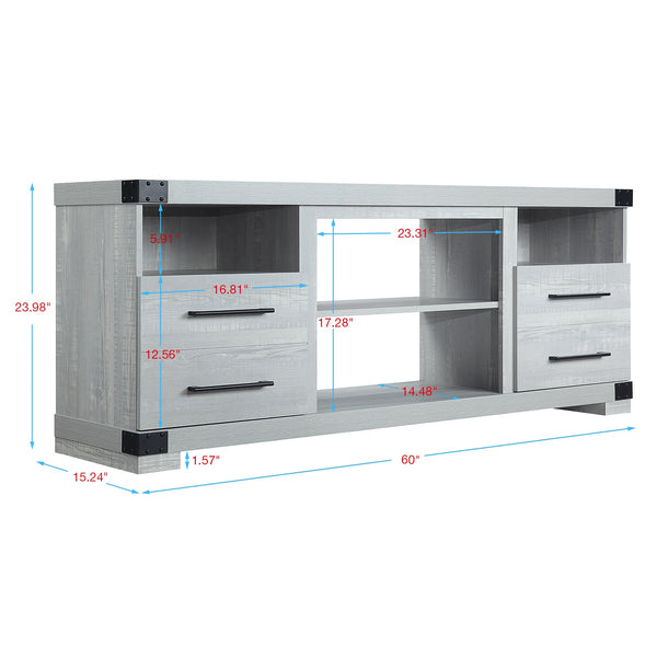 English Elm Richmond 60" TV Stand with Steel Corner Plates, Full-Extension Drawers & Cable Management in Textured Finish Grey B365P398319