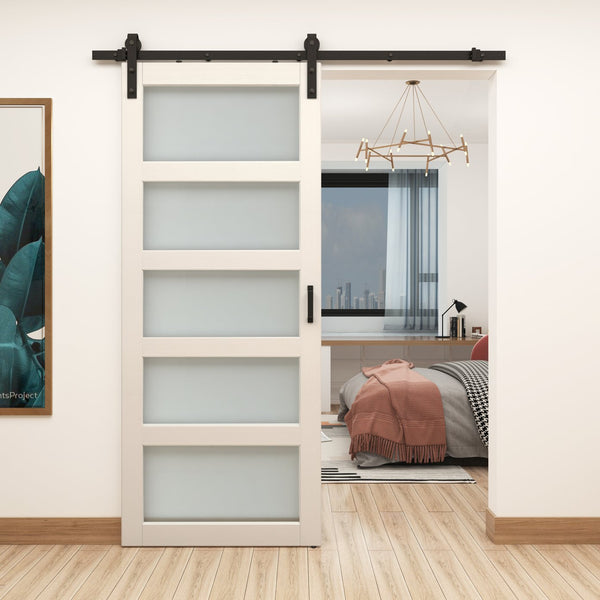 English Elm 30 in Matte Black Steel Sliding Barn Door Frosted Glass Privacy Panel with Hardware B2763P483228