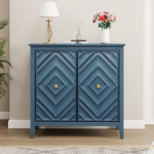 English Elm Geometric Diamond Embossed Sideboard Cabinet Matte Vintage Mdf Entryway Storage Blue W688P364739