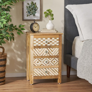 Christopher Knight Home® - Noble House - Sandia Handcrafted Boho 4 Drawer Mango Wood Nightstand, Natural And White