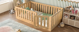 English Elm Twin Solid Pine Montessori Floor Bed with House Frame Door and Safety Fence Natural W5305P420633