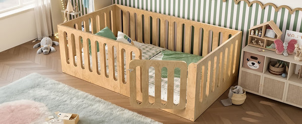 English Elm Twin Solid Pine Montessori Floor Bed with House Frame Door and Safety Fence Natural W5305P420633