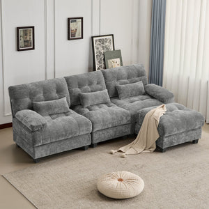 English Elm Ottoman and Chenille Sofa Set with Adjustable Backrest for Relaxed Living Room Comfort Gray W2606P359228