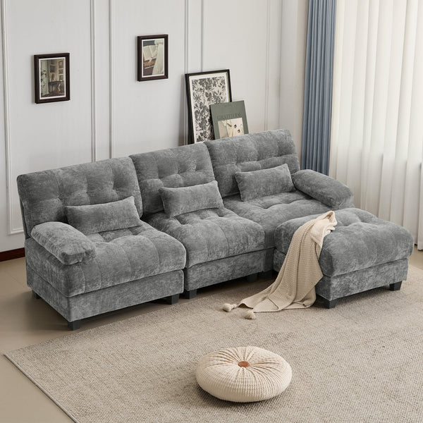 English Elm Ottoman and Chenille Sofa Set with Adjustable Backrest for Relaxed Living Room Comfort Gray W2606P359228