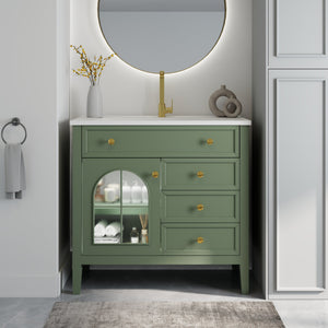 English Elm 35.6" Freestanding Bathroom Vanity with Roman Column Base and Ceramic Integrated Sink Green W1801S00010
