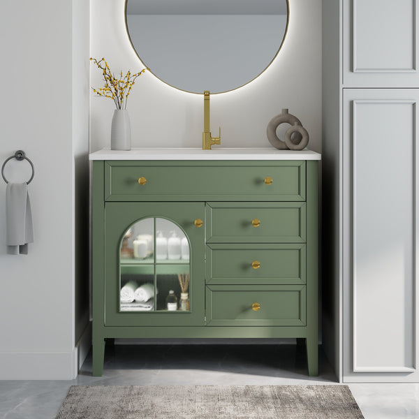 English Elm 35.6" Freestanding Bathroom Vanity with Roman Column Base and Ceramic Integrated Sink Green W1801S00010
