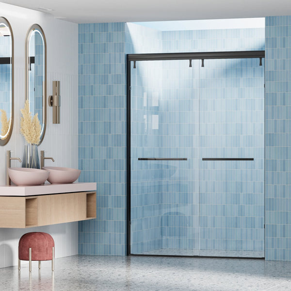English Elm 44 to 48 Inch Semi Frameless Double Sliding Shower Door with Clear Tempered Safety Glass Matte Black W1920P228045