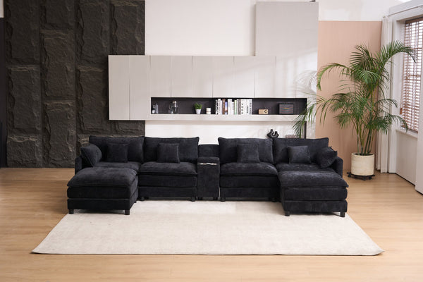 English Elm 145-inch U-shaped Sectional Sofa Seven Piece Woolen Set with Console and Memory Foam Black W2564S00051