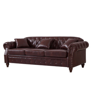 English Elm 85.8" Living Room Chesterfield Sofa with Storage Classic Tufted PU Upholstery Solid Wood Frame, 3-Seater Comfort Burgundy W1097S00149