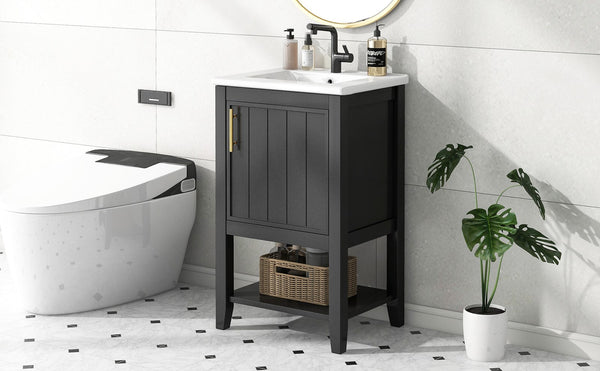 English Elm 20" Modern Bathroom Vanity with Ceramic Sink, Solid Wood MDF Build, Soft-Close Door & Shelf Black N725P220604B