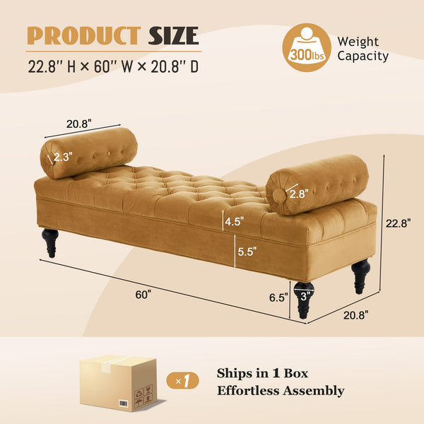 English Elm Modern Tufted Velvet Bench with Gourd Legs and Pillows for Bedroom Entryway Yellow N761P335807L