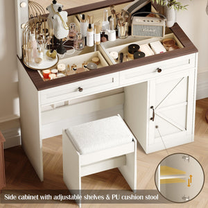 English Elm 43.4"Makeup Vanity Table with Large LED Mirror, Adjustable Brightness, 3 Drawers & Stool for Organized Glam Routine White W2386P199523