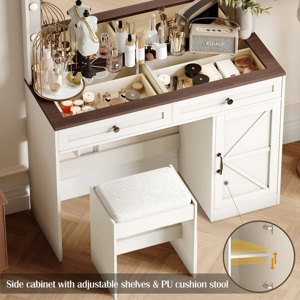English Elm 43.4"Makeup Vanity Table with Large LED Mirror, Adjustable Brightness, 3 Drawers & Stool for Organized Glam Routine White W2386P199523