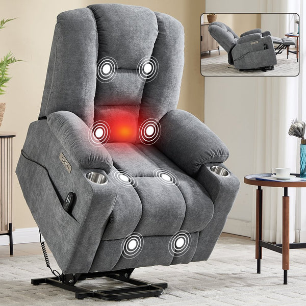 English Elm Emon's Overstuffed Chenille Power Lift Recliner with Massage Heat and Charging Ports Grey W1803S00090