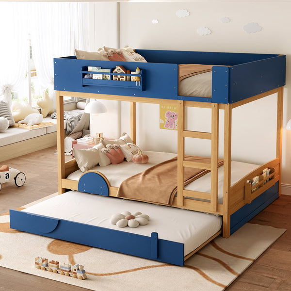English Elm Queen Bunk Bed with Trundle Solid Pine Kids Car Themed Frame Built-in Bookshelf Blue,Natural W1580S00447