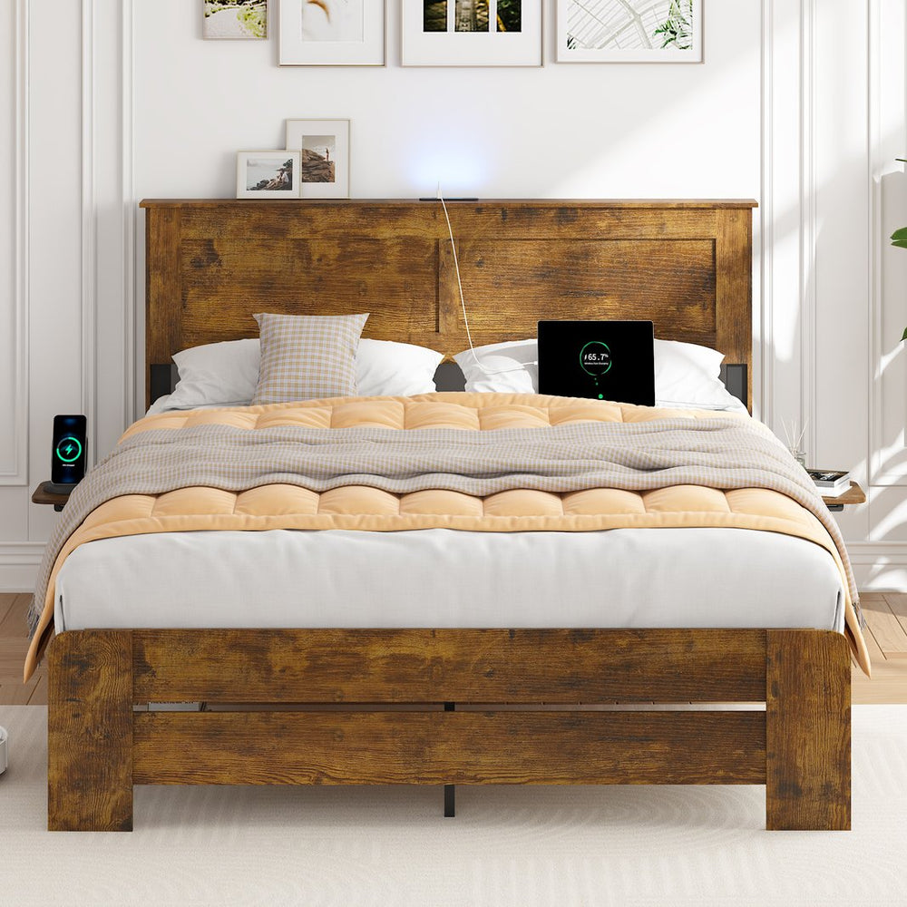 English Elm Farmhouse King Platform Bed Rustic Wood with Led Lighting and Built-in Charging Shelf W1550P366929