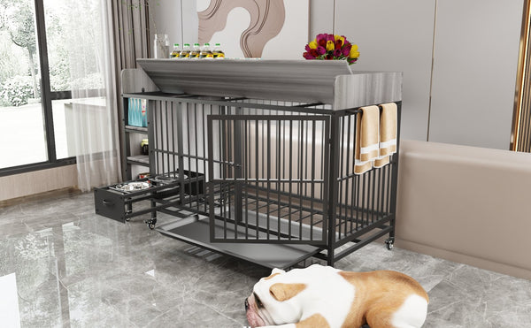 English Elm Large Iron Mdf Pet Enclosure with Storage Cabinet Rolling Casters and Steel Feeding Basins W3064P245385