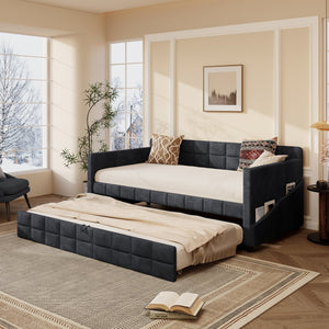 English Elm Modern Velvet Twin Daybed with Pull Out Trundle and Built in Armrest Storage Pockets Black SF000200AAB