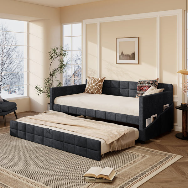 English Elm Modern Velvet Twin Daybed with Pull Out Trundle and Built in Armrest Storage Pockets Black SF000200AAB