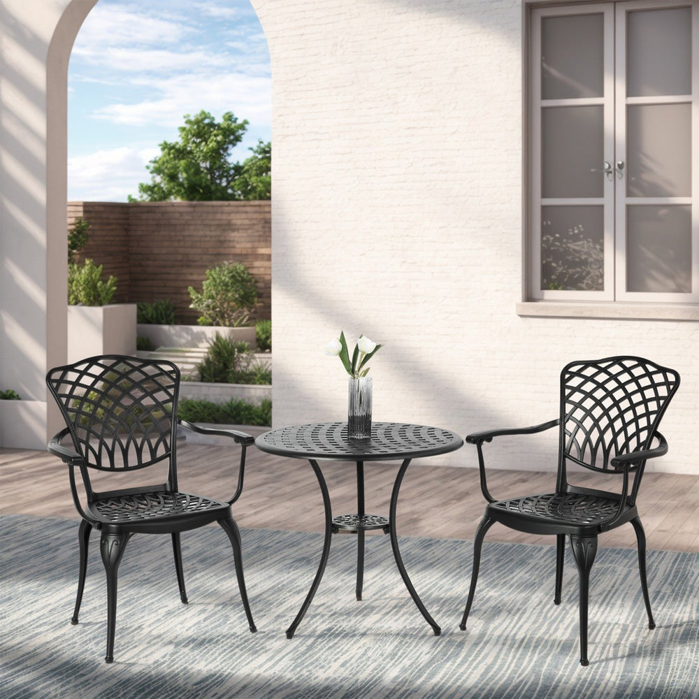 English Elm 3 Piece Patio Bistro Set - Elegant Cast Aluminum Table & Chairs, All-Weather Outdoor Furniture, Black W640P251285