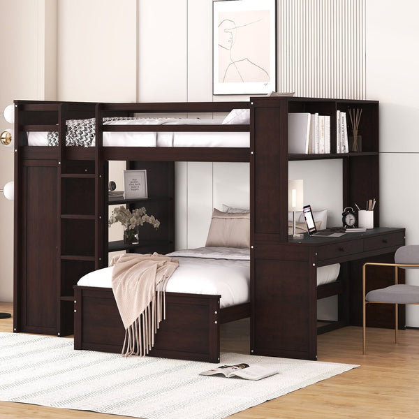 English Elm Full Twin Loft Bed with Desk Wardrobe Shelves Pine Wood Frame Kids Bedroom Espresso LT000821AAP-1
