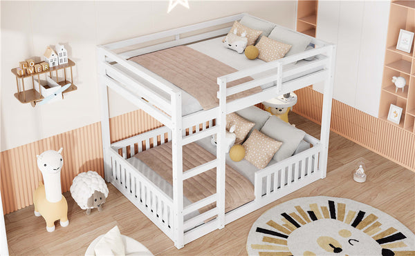 English Elm Full Full over Full Wood Bunk Bed with Ladder & Guardrails, Space-Saving Pine Frame for Kids Rooms White N7090002223K