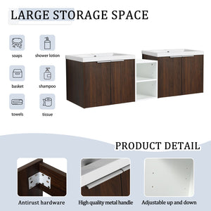 English Elm 60 Inch Wall Mounted Vanity with Dual Resin Sinks, Soft Close Doors, Metal Handles & Shelves Durable Finish California Walnut W999S00187