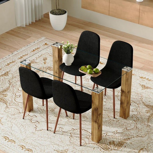 English Elm Table And Chair Set - Modern 49.6" Tempered Glass Dining Table With 4 Comfortable Black Linen Chairs W1151S03515-GIGA