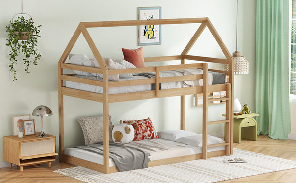 English Elm Twin Rubber Wood Floor Bunk Bed House-Shaped Design with Ladder Guardrails Sturdy Low-Profile Retreat White+Oak W504P206866