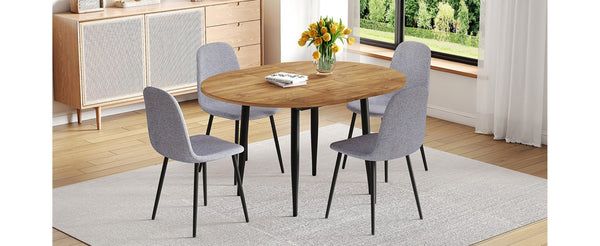 English Elm Table Extendable Round-To-Oval Mdf Dining Set With 4 Light Gray Linen-Cotton Chairs For Gatherings W1151S04142-GIGA