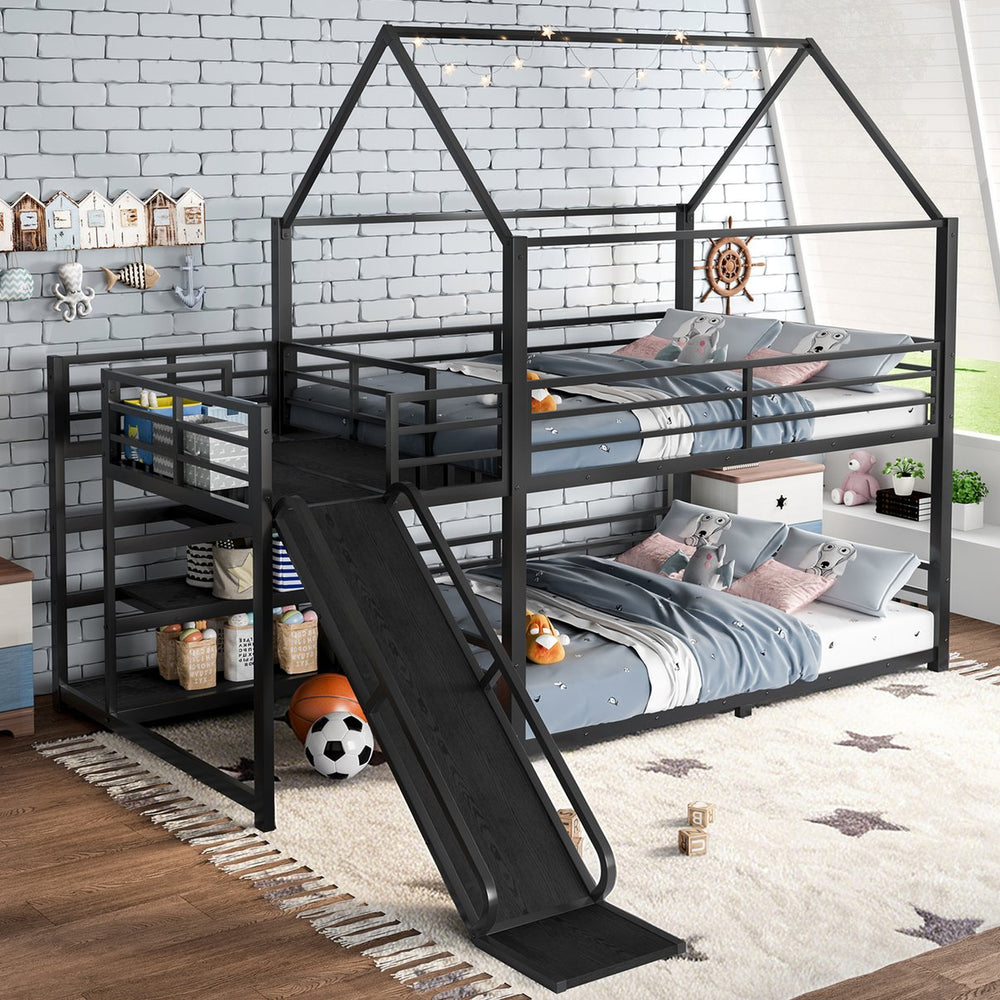English Elm Twin House Bunk Bed with Slide Storage Stairs and Safety Rails for Kids Rooms W1580S00649
