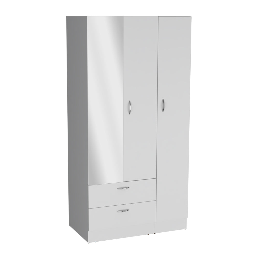English Elm Riverside Mirrored Armoire with Three Doors, Two Drawers, Four Shelves and Hanging Rod for Wardrobe Organization White 71 L x 16.9 W x 3.9 H B070S00216